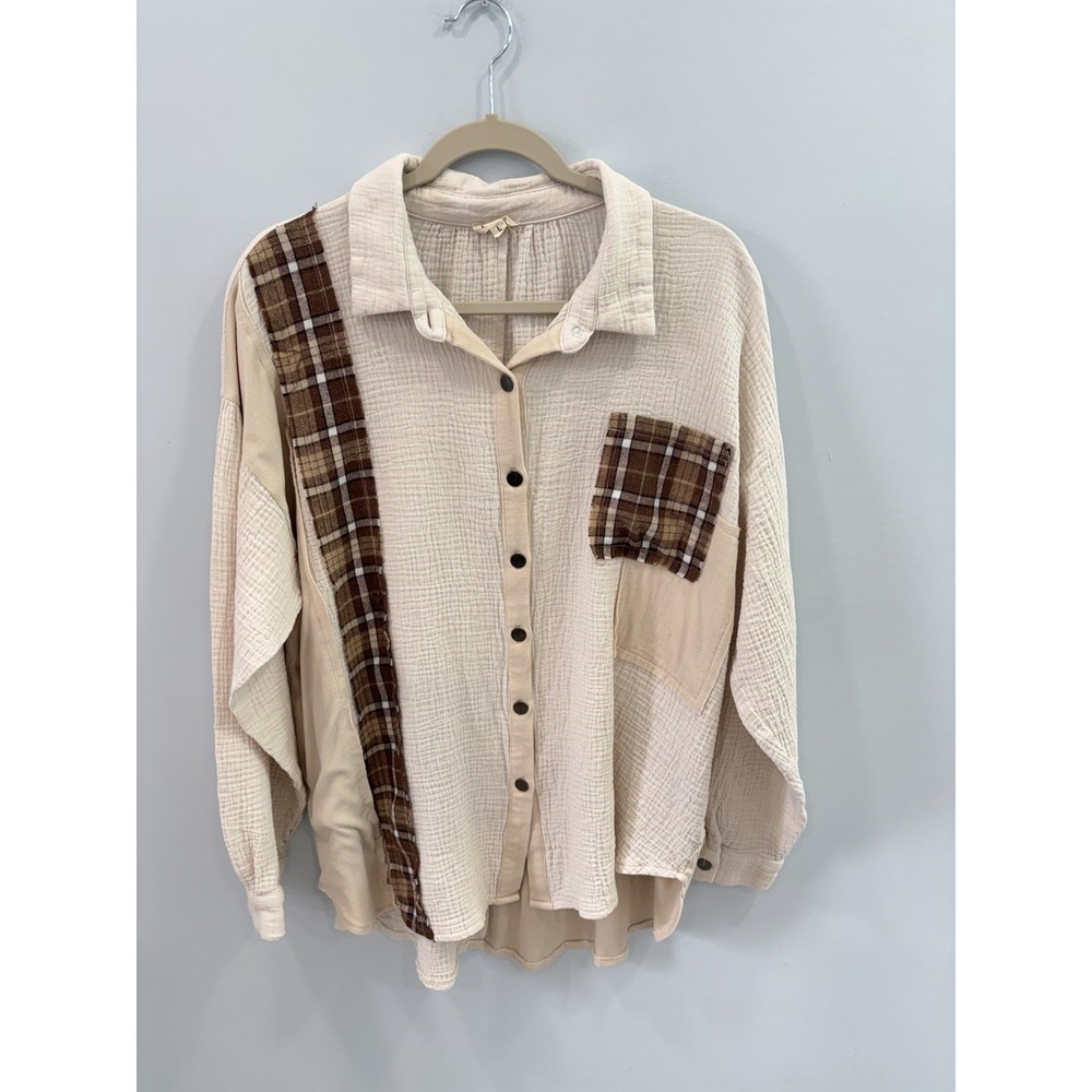 POL Cream Plaid Patchwork Button Up Shacket Large Oversized Boho Top Shirt